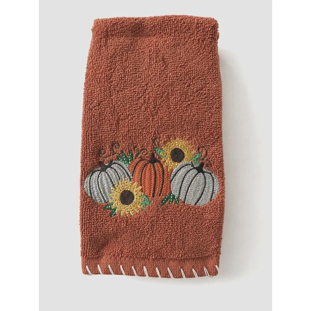 Thanksgiving Pumpkins Fingertip Towels Set of 2 Rust Embroidered Fall Harvest